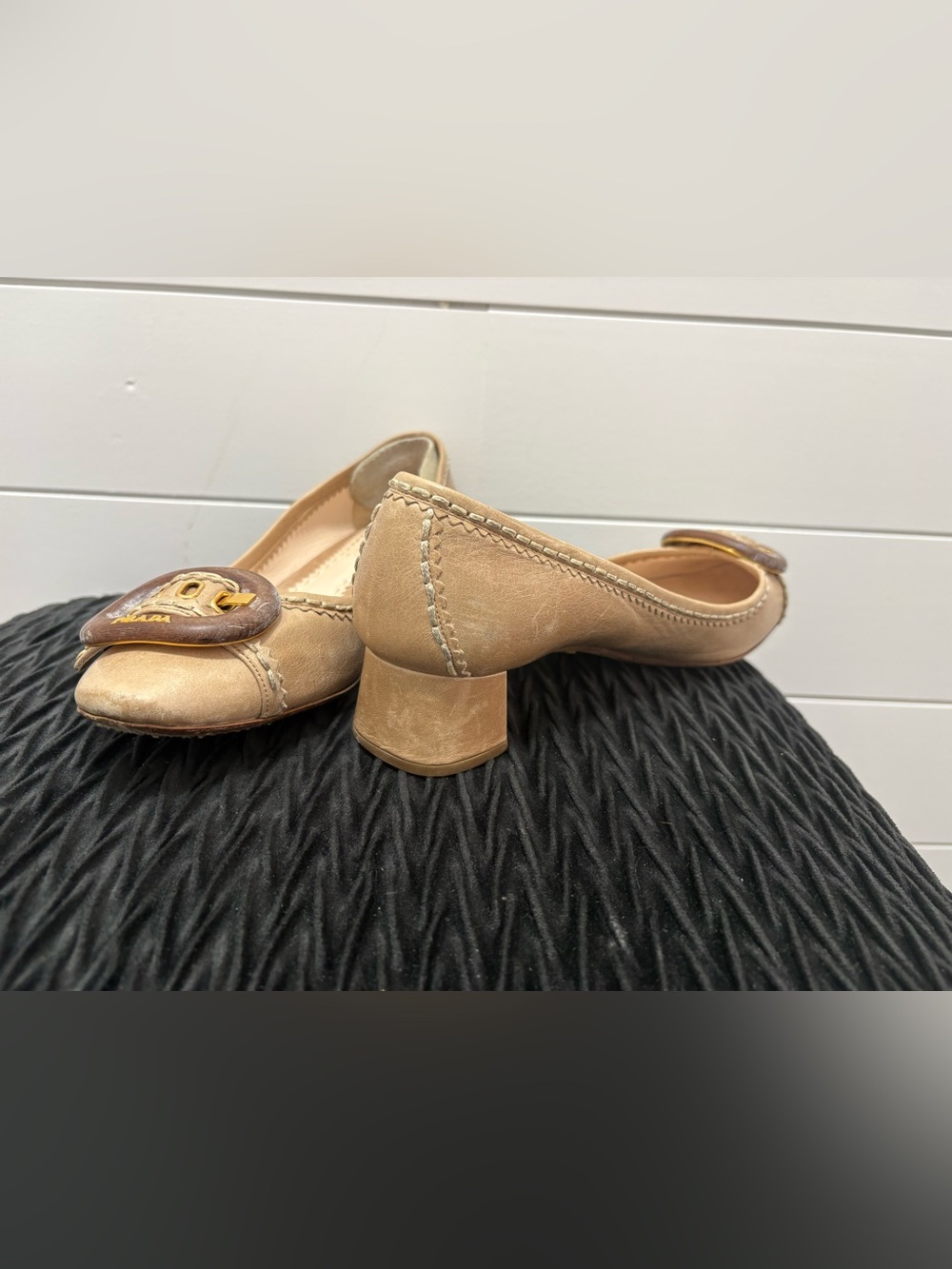 Prada Leather Block Heel Ballet Pump in Tan